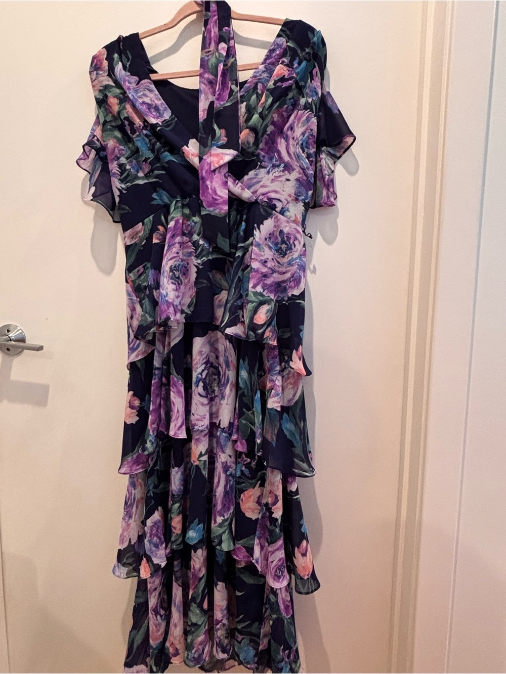 SLNY Floral Tiered Ruffle Midi Dress in Purple and Black